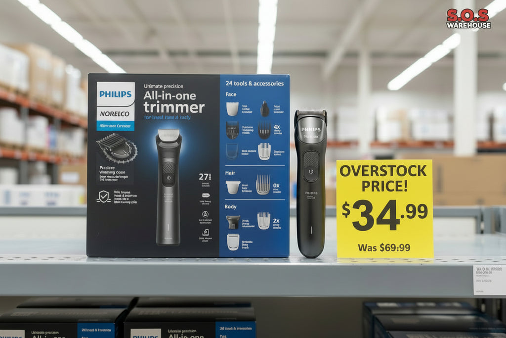 Philips Norelco all-in-one trimmer packaging with features listed on a dark background