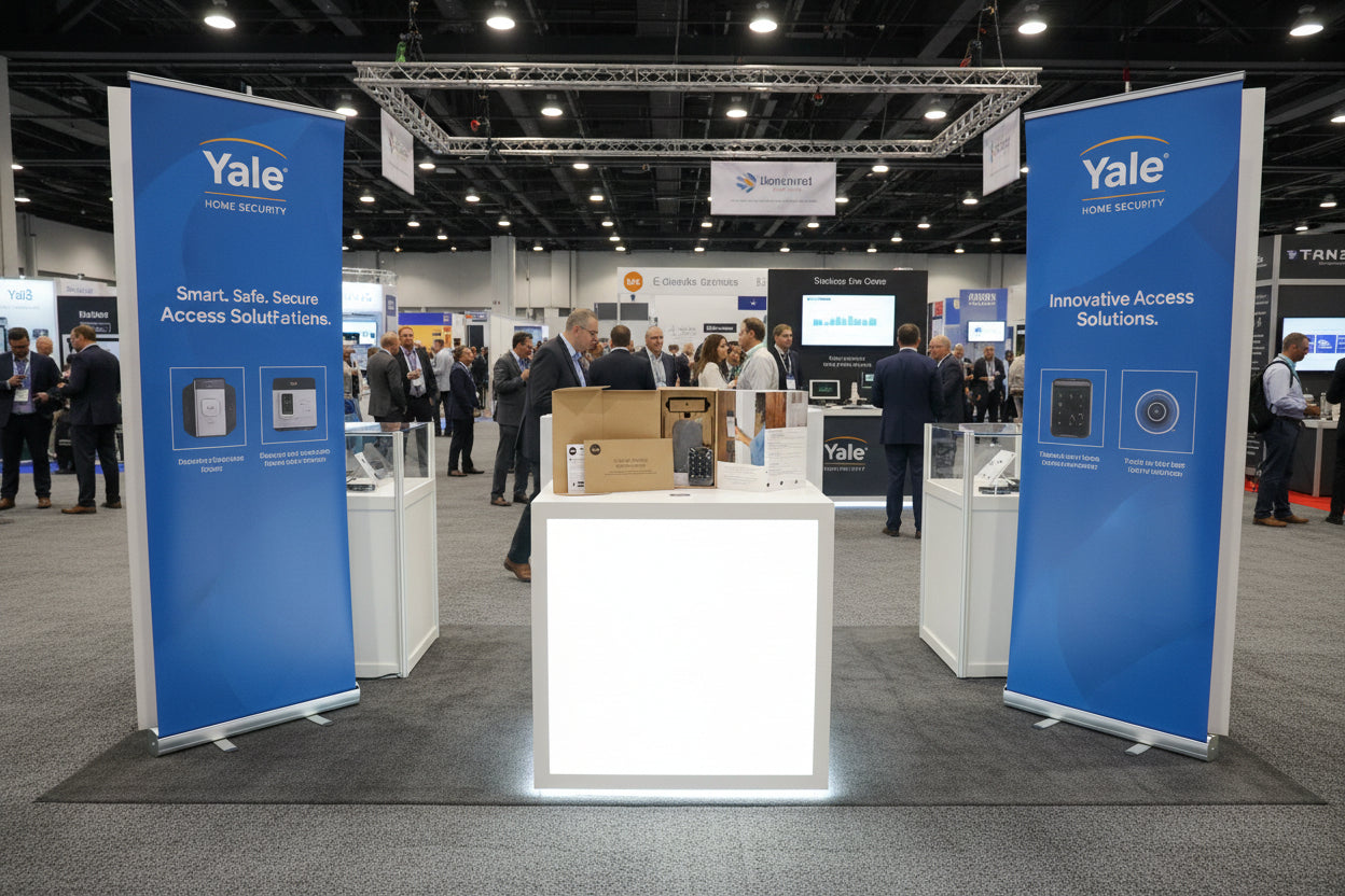 Open box containing a Yale security system on a dark background