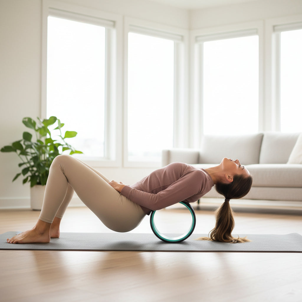 Box for a 'Relief Wheel' product with a person using it on a dark background