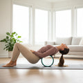 Box for a 'Relief Wheel' product with a person using it on a dark background