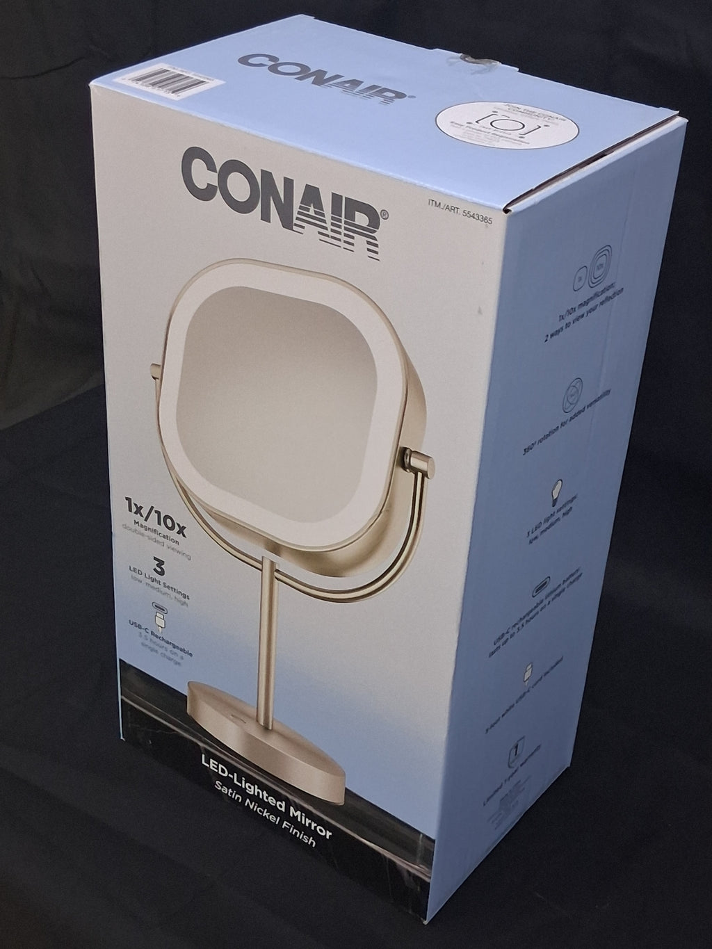Conair LED Lighted Makeup Mirror — 1X/10X Magnification, 3 Light Settings, Satin Nickel