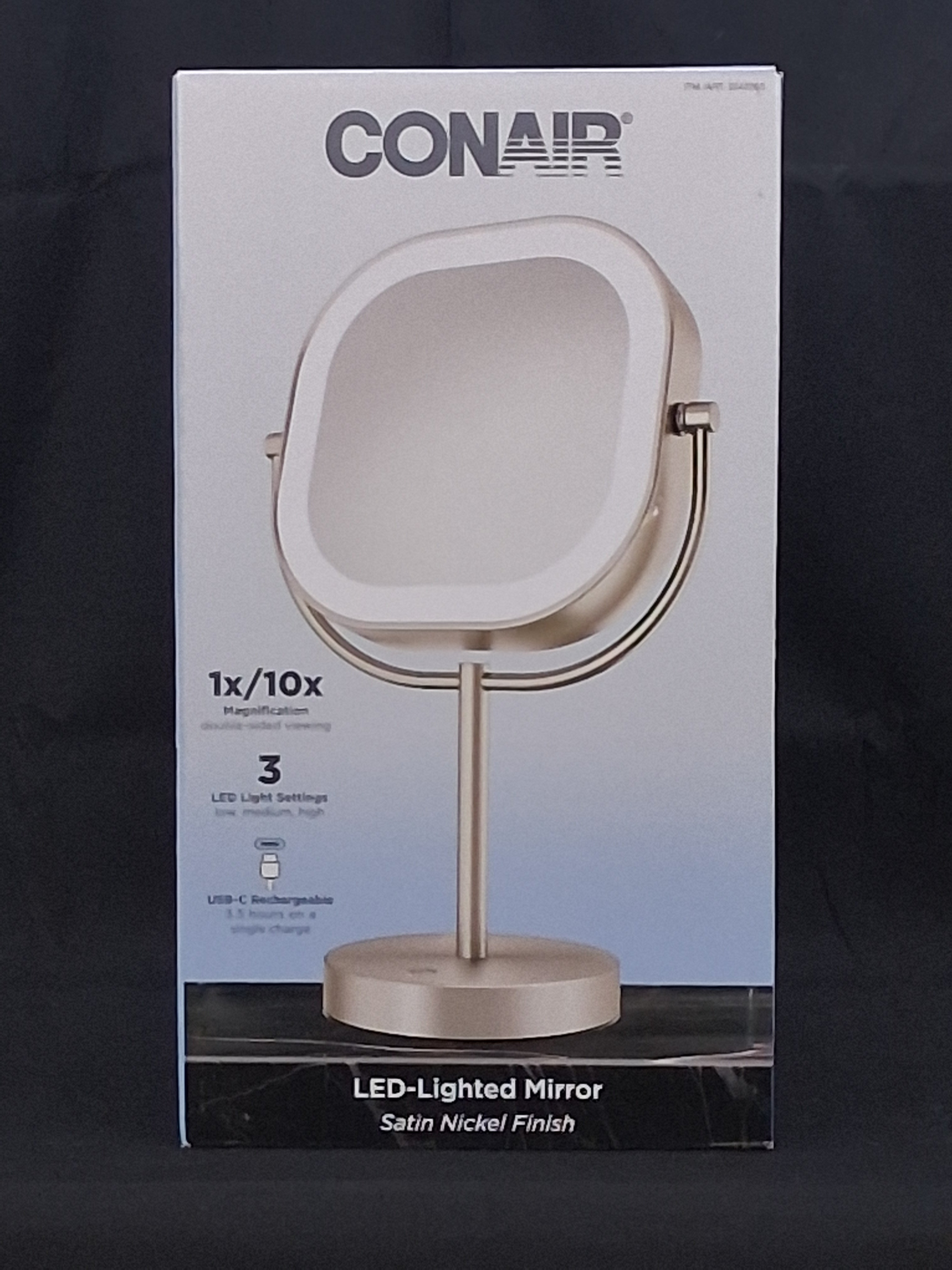 Conair LED Lighted Makeup Mirror — 1X/10X Magnification, 3 Light Settings, Satin Nickel