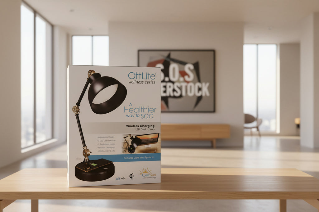 OttLite wellness series LED desk lamp packaging on a black background