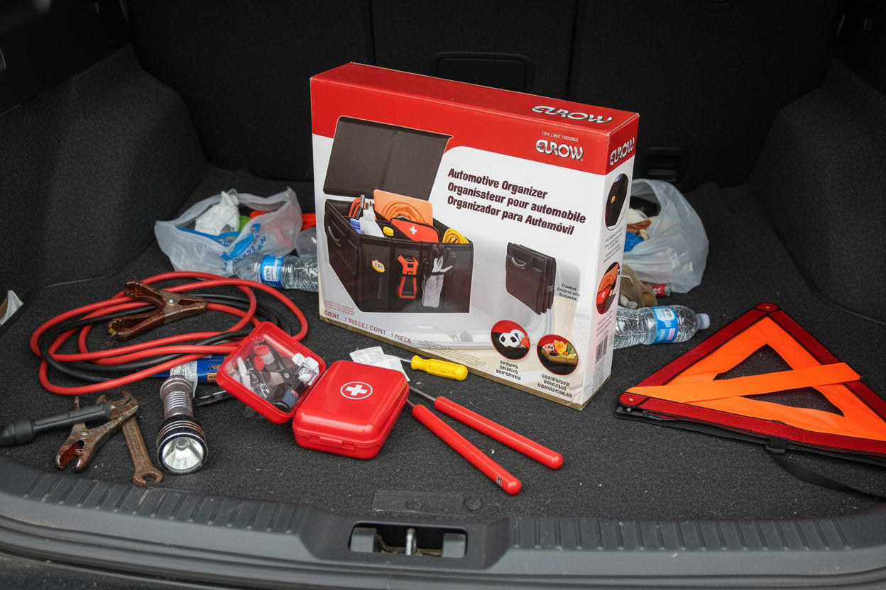 Box of an automotive organizer with visible branding on a dark surface