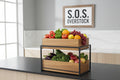 Wooden shelf with black metal frame on a dark background