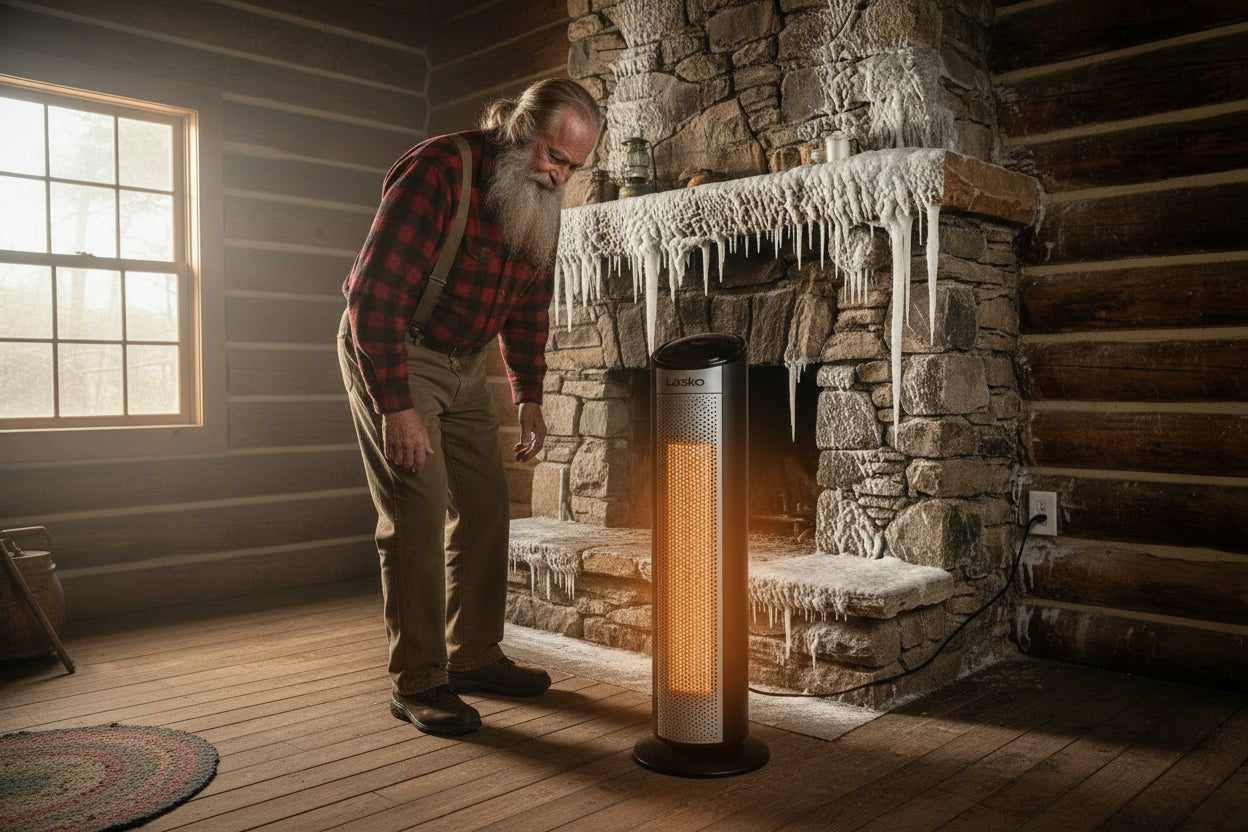 Lasko ceramic tower heater with packaging on a black background