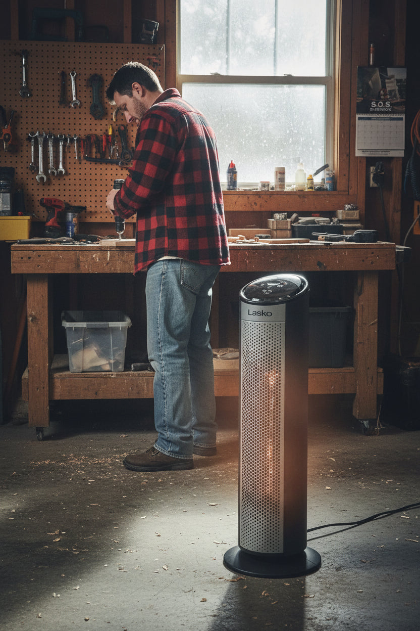 Lasko ceramic tower heater with packaging on a black background