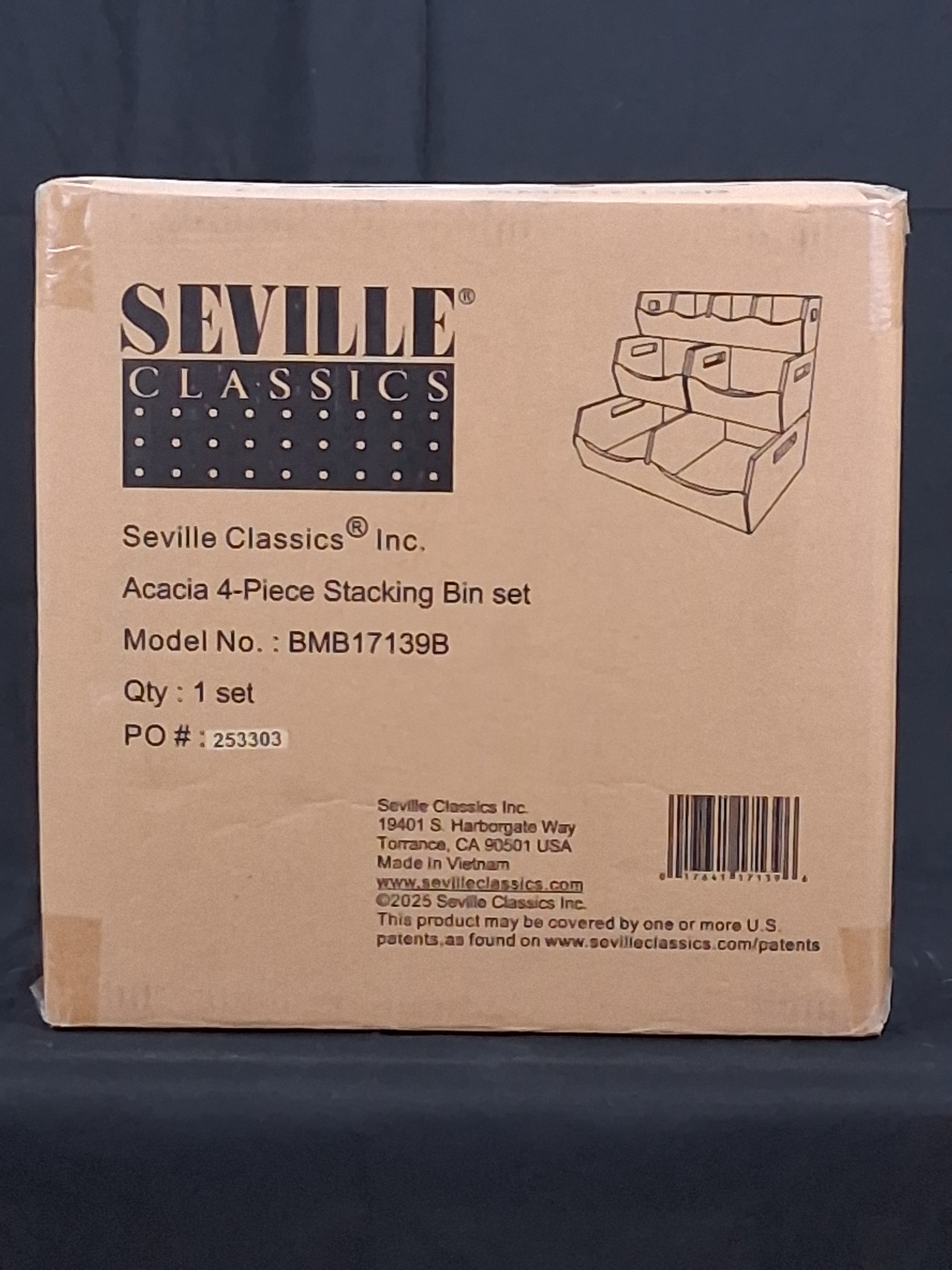 Seville Classics 4-Piece Acacia Wood Stacking Bin Set — Modular Home Storage Organizer