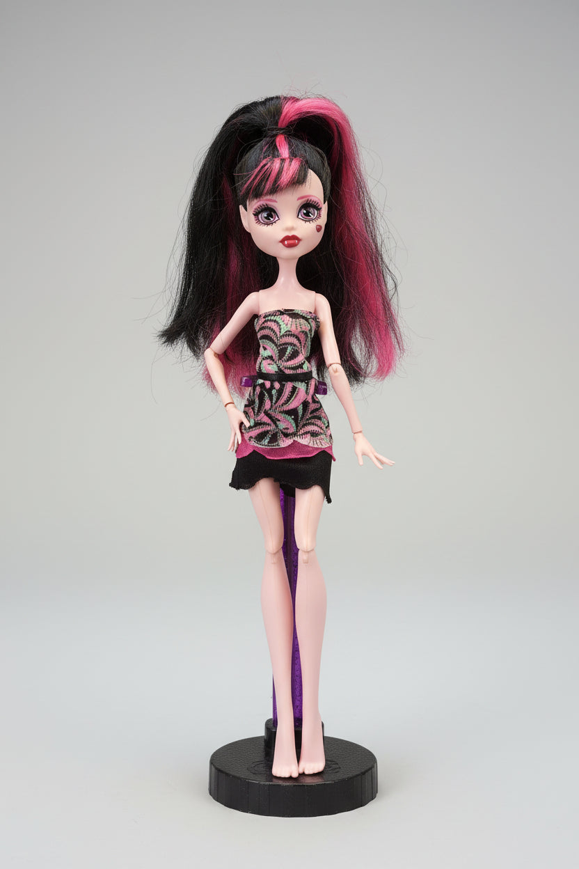 Doll with pink and black hair on a black background