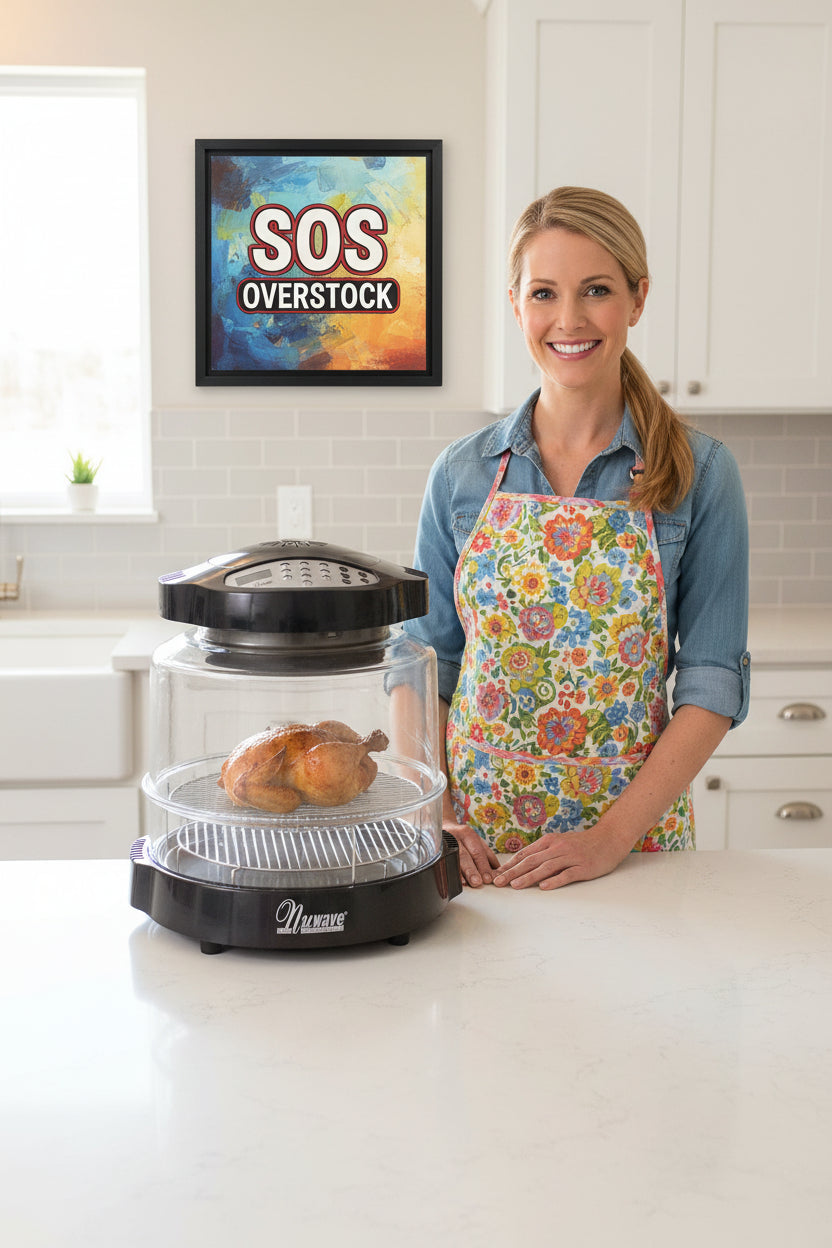 Nuwave oven with a clear glass door on a black background