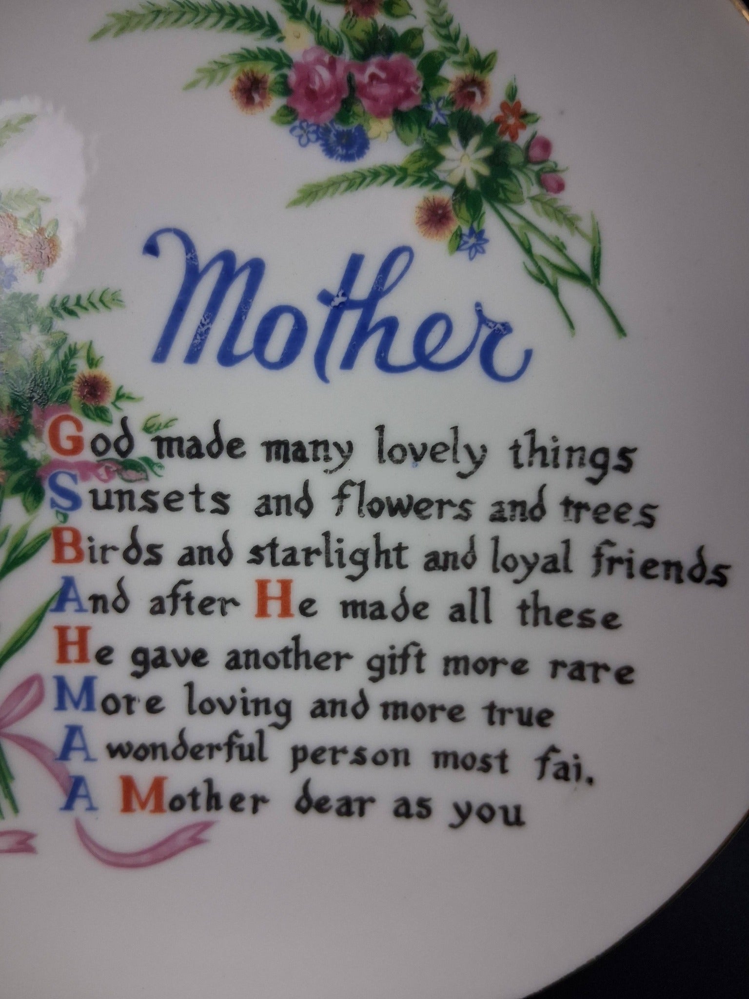 Vintage Japanese Porcelain Mother’s Day Poem Plate – Floral with Gold Rim (c. 1960s–1970s)