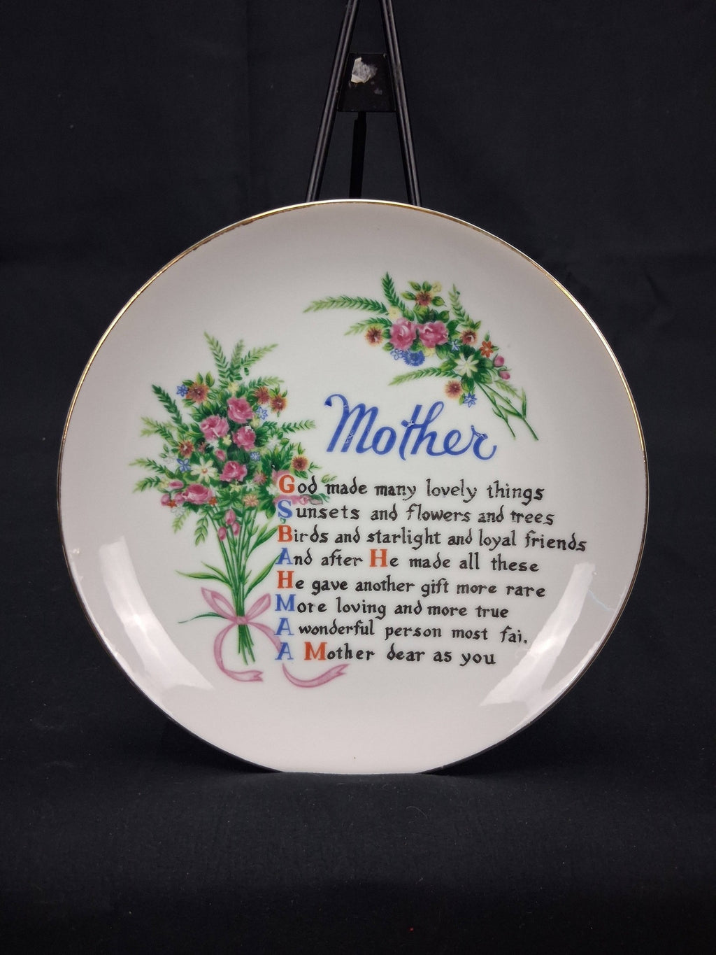 Vintage Japanese Porcelain Mother’s Day Poem Plate – Floral with Gold Rim (c. 1960s–1970s)