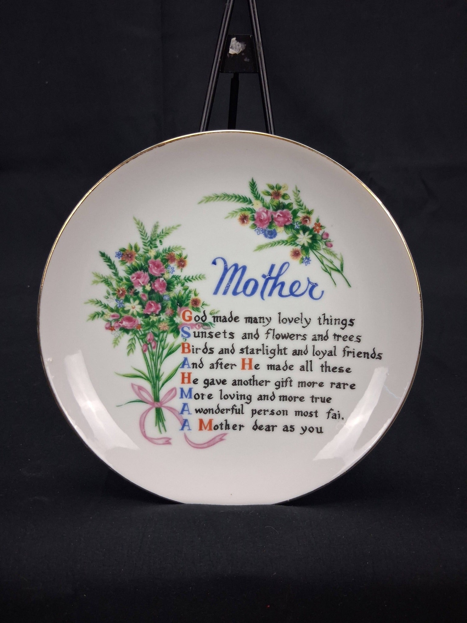 Vintage Japanese Porcelain Mother’s Day Poem Plate – Floral with Gold Rim (c. 1960s–1970s)