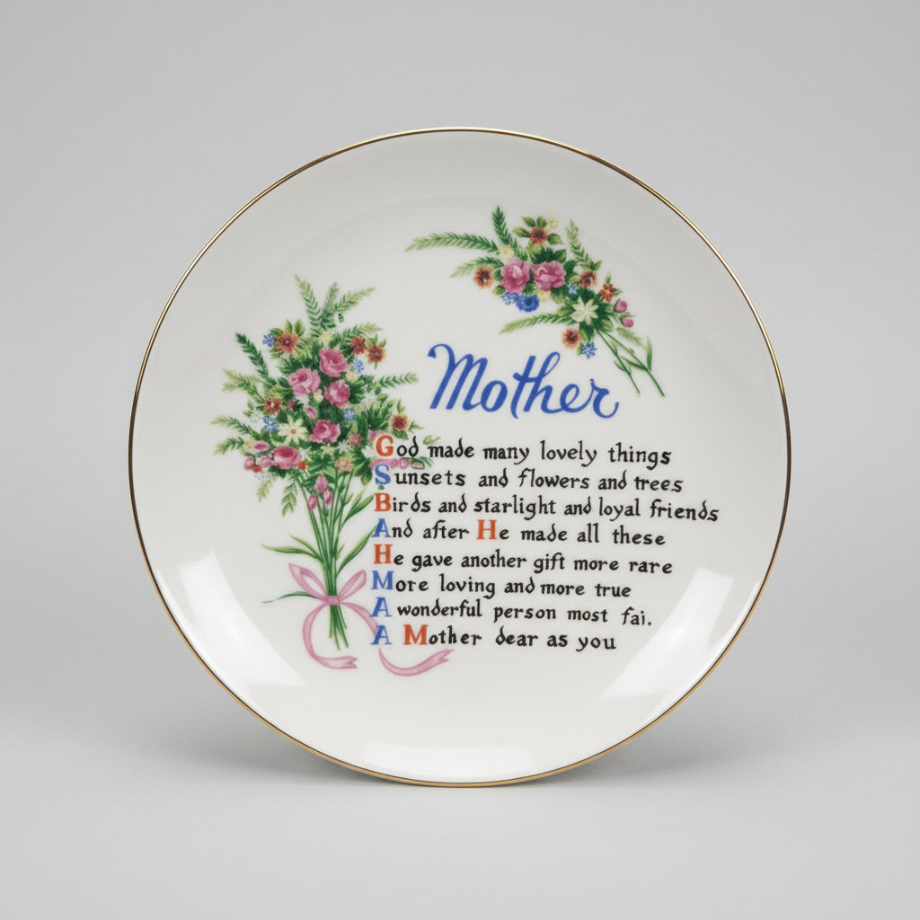 Decorative plate with floral design and text on a black background
