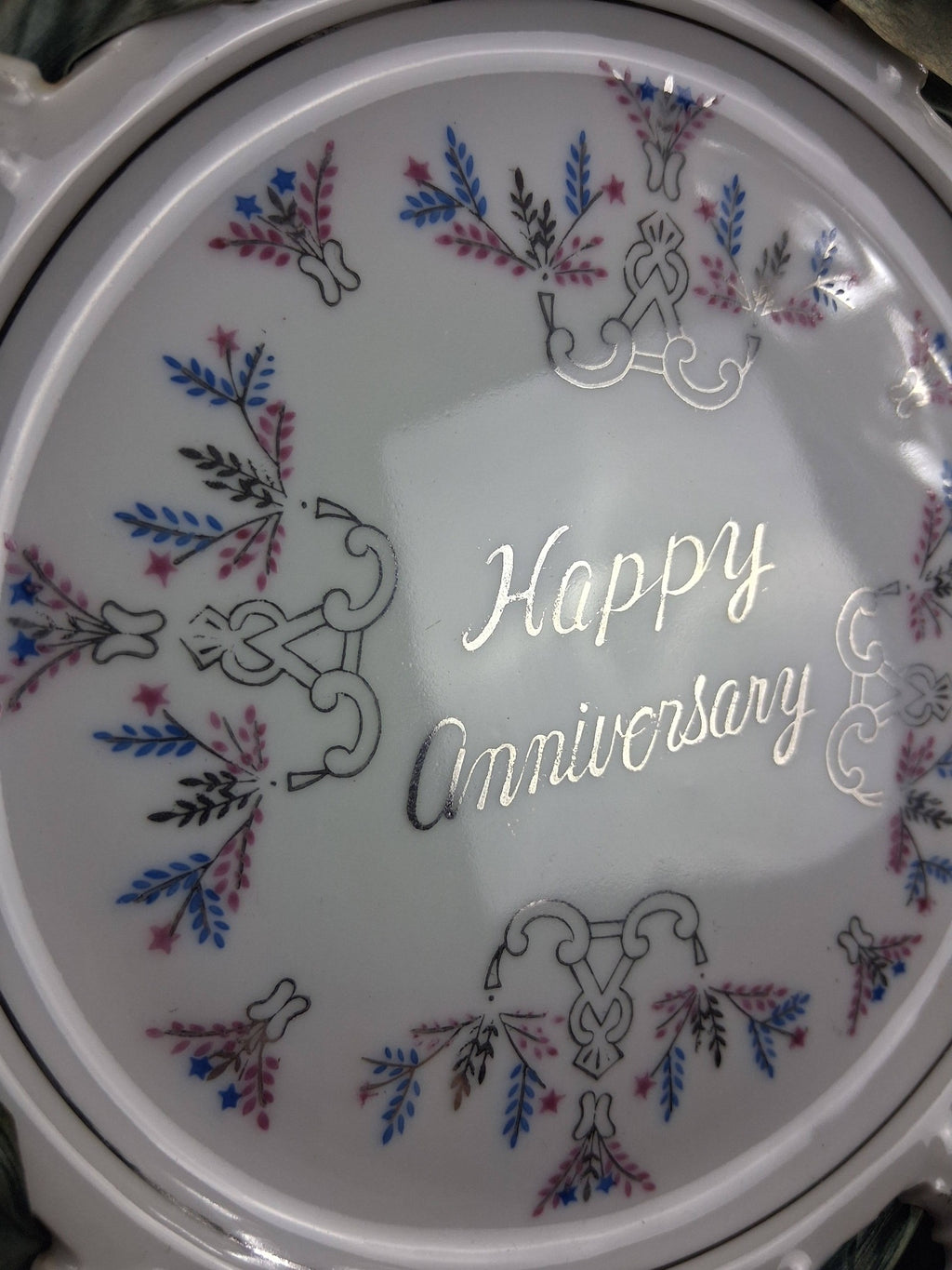 Vintage Reticulated Porcelain “Happy Anniversary” Plate with Silk Ribbon – Inscribed 1968