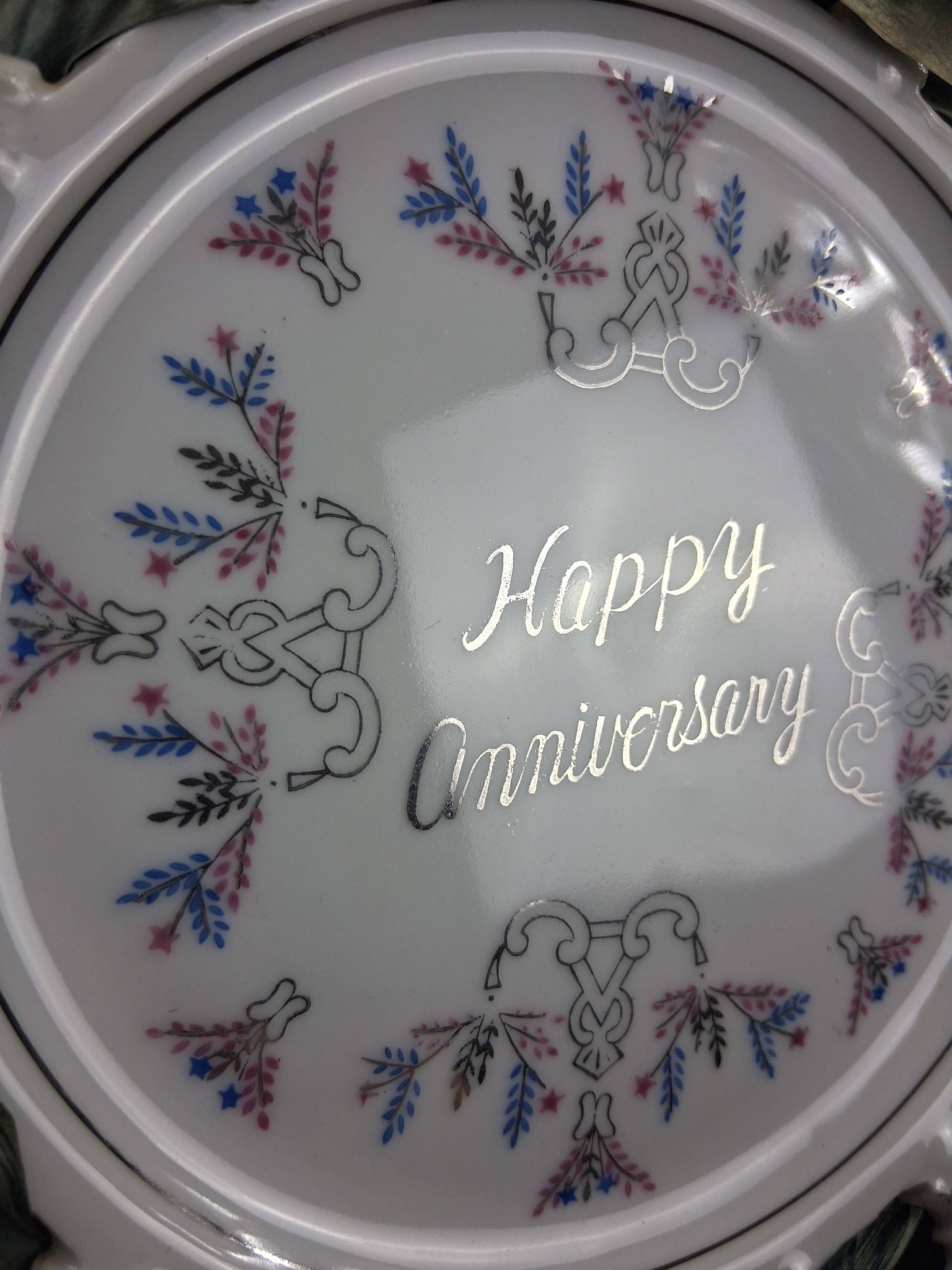 Vintage Reticulated Porcelain “Happy Anniversary” Plate with Silk Ribbon – Inscribed 1968