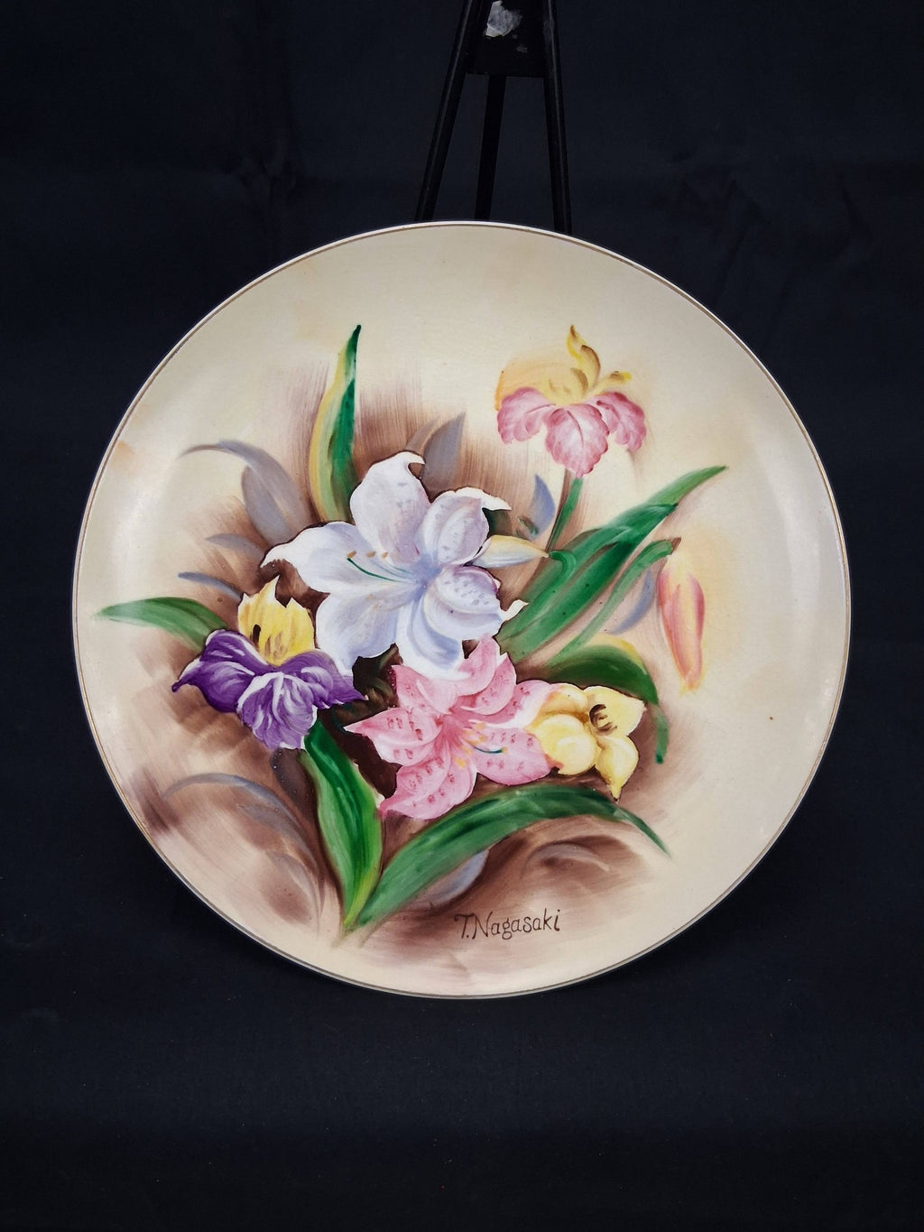 T. Nagasaki Signed Japanese Porcelain Iris & Lily Plate (c. 1950s–1960s)