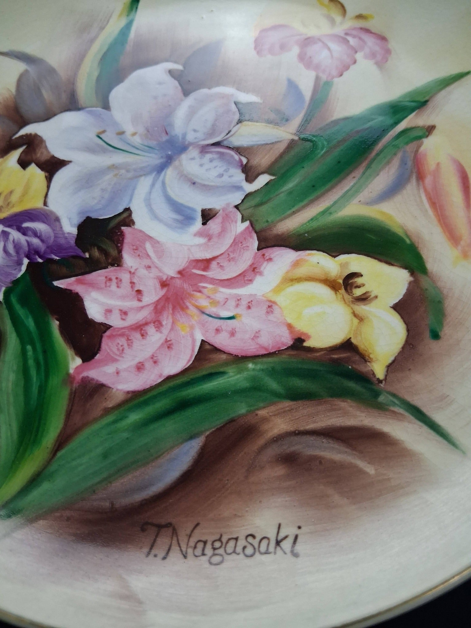 T. Nagasaki Signed Japanese Porcelain Iris & Lily Plate (c. 1950s–1960s)