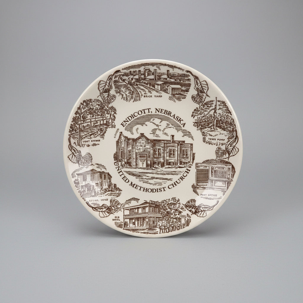 Decorative plate with illustrations of landmarks and text on a dark background
