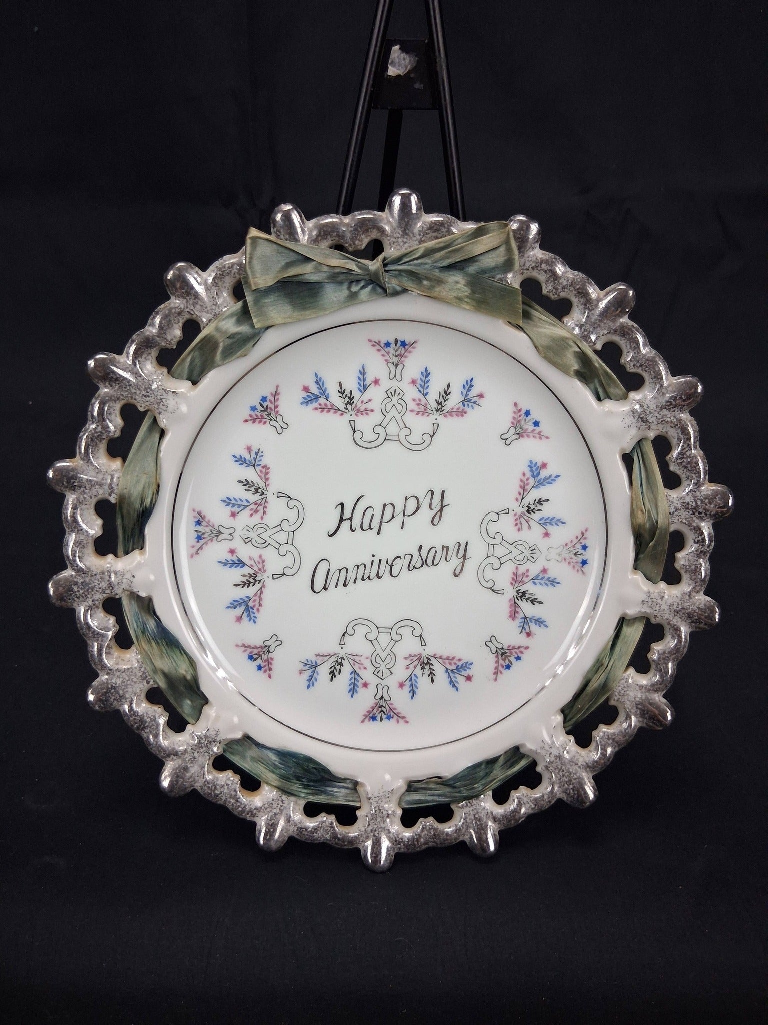 Vintage Reticulated Porcelain “Happy Anniversary” Plate with Silk Ribbon – Inscribed 1968