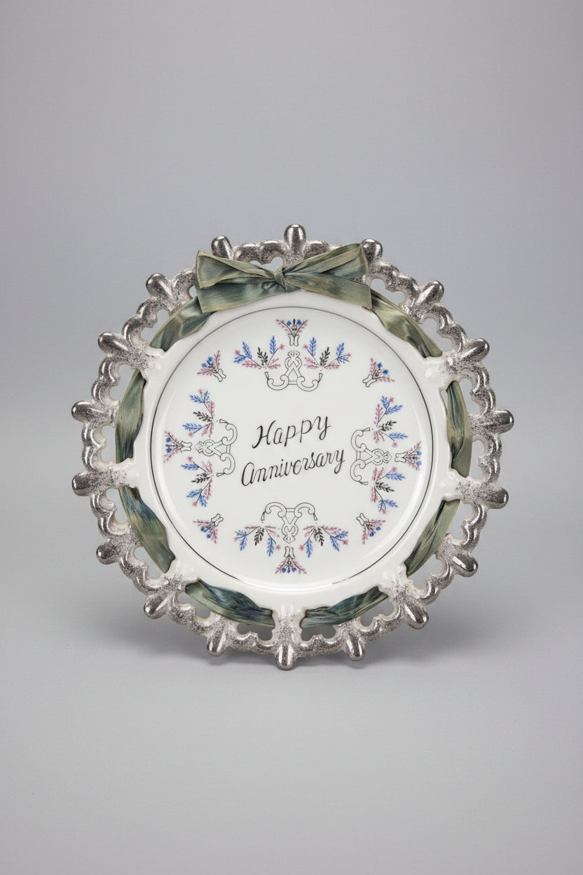 Decorative plate with 'Happy Anniversary' text and decorative border on a black background
