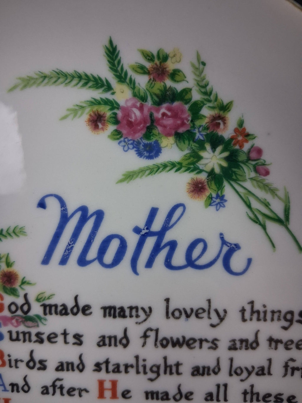 Vintage Japanese Porcelain Mother’s Day Poem Plate – Floral with Gold Rim (c. 1960s–1970s)