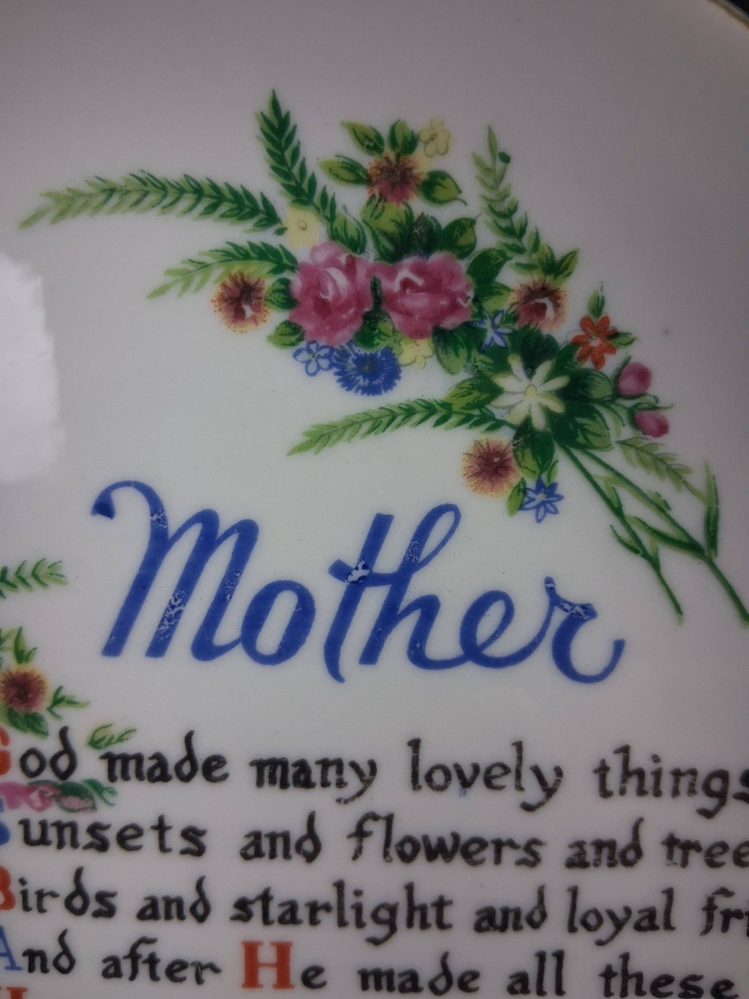 Vintage Japanese Porcelain Mother’s Day Poem Plate – Floral with Gold Rim (c. 1960s–1970s)