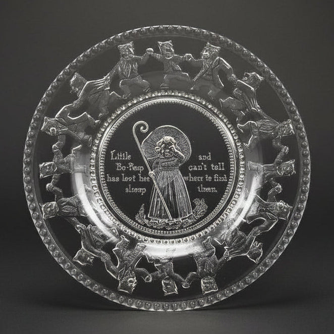 Decorative glass plate with engraved design and text on a black background