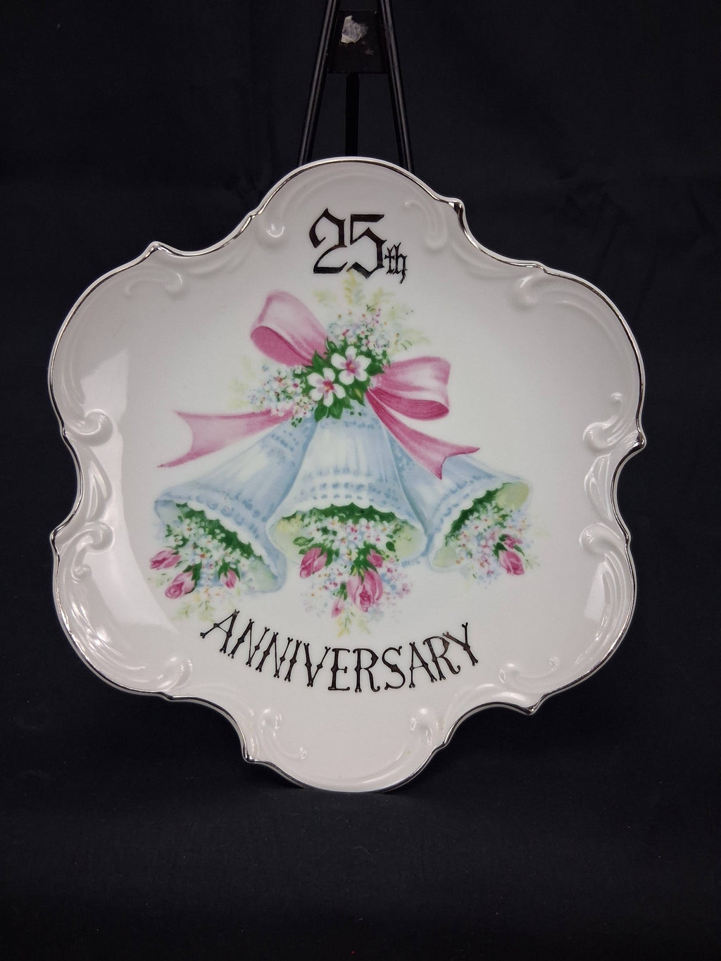 Vintage Japanese Porcelain 25th Silver Anniversary Plate – Wedding Bells & Roses (c. 1960s–1970s)