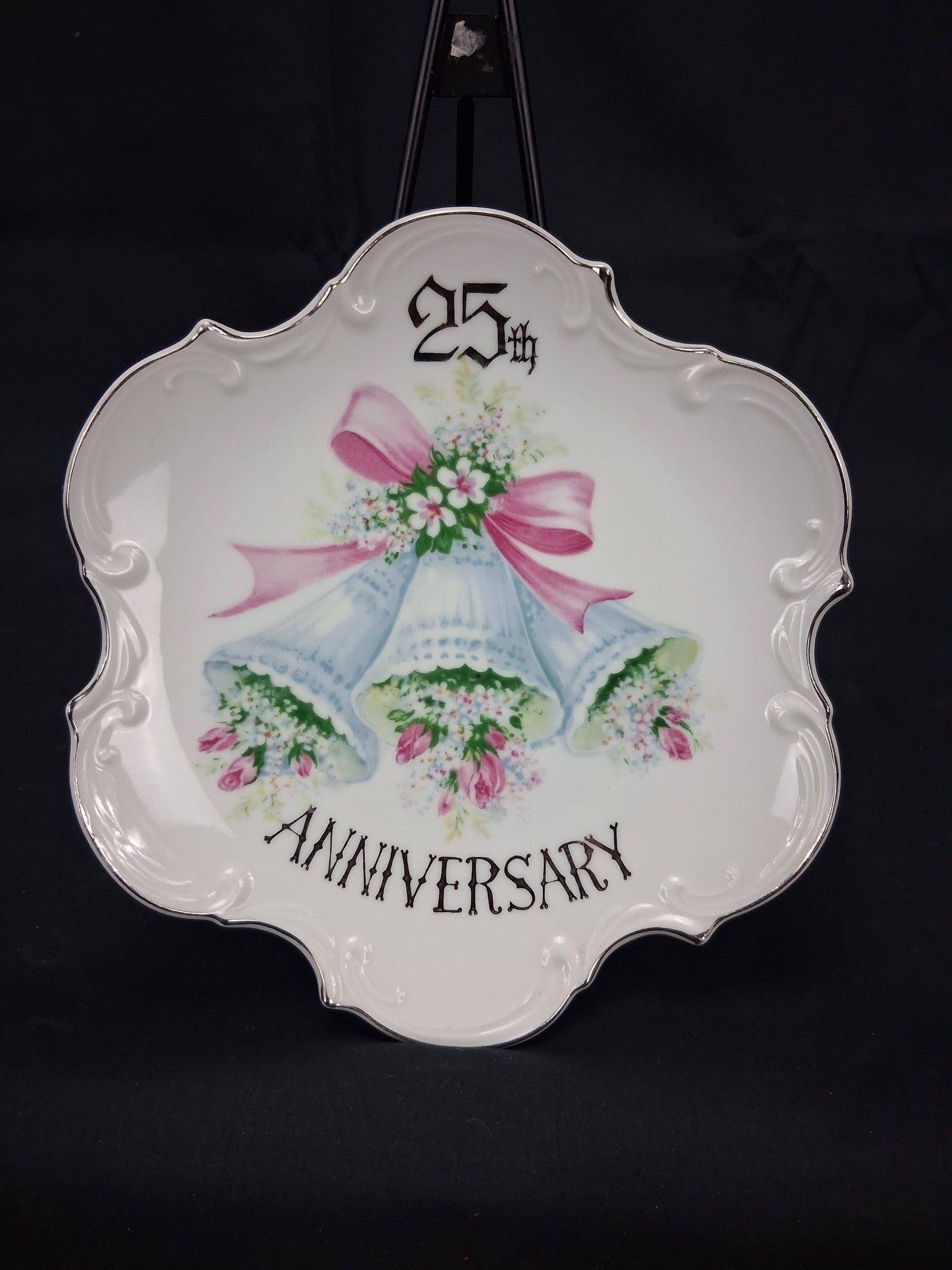 Vintage Japanese Porcelain 25th Silver Anniversary Plate – Wedding Bells & Roses (c. 1960s–1970s)