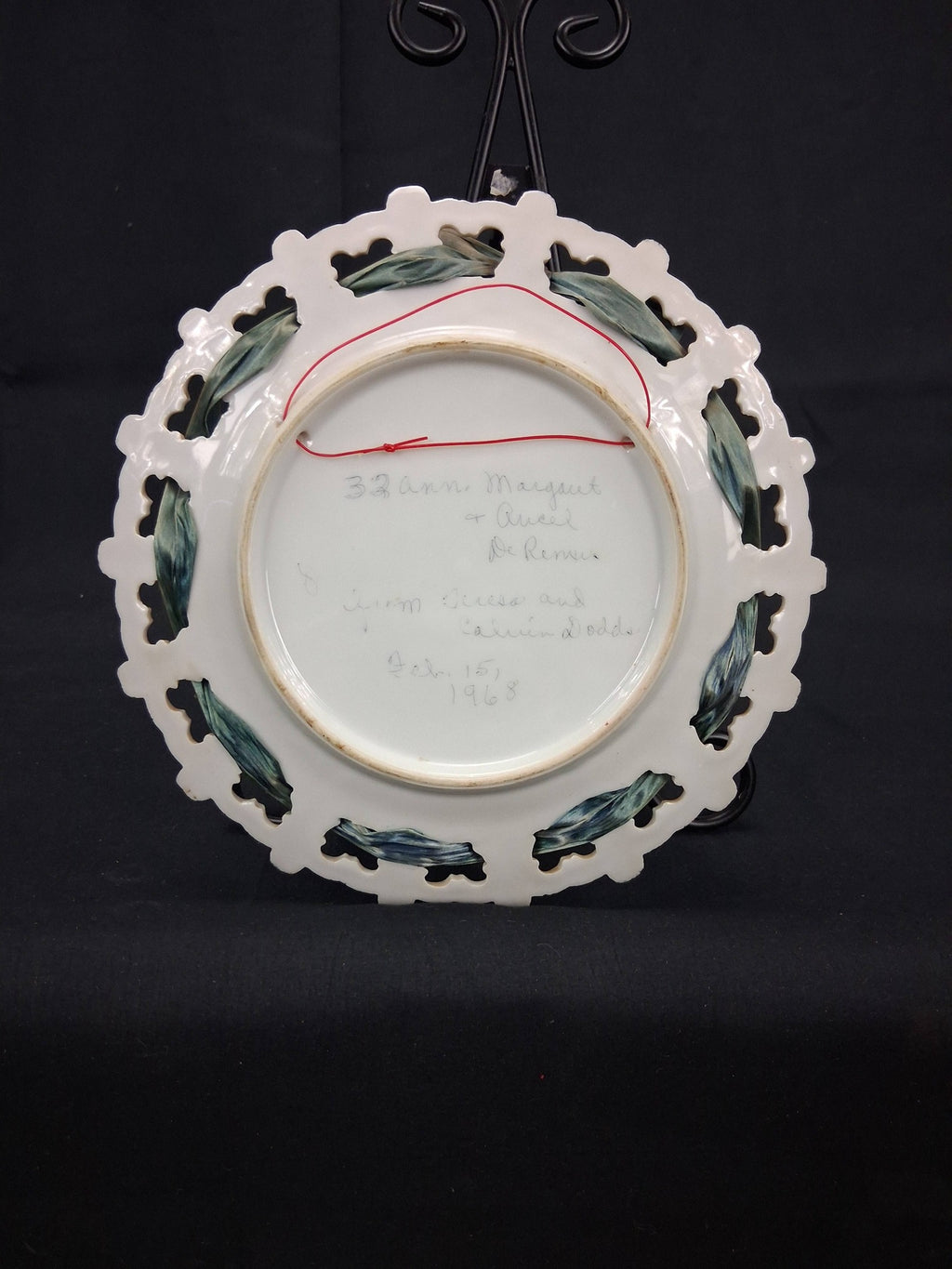 Vintage Reticulated Porcelain “Happy Anniversary” Plate with Silk Ribbon – Inscribed 1968