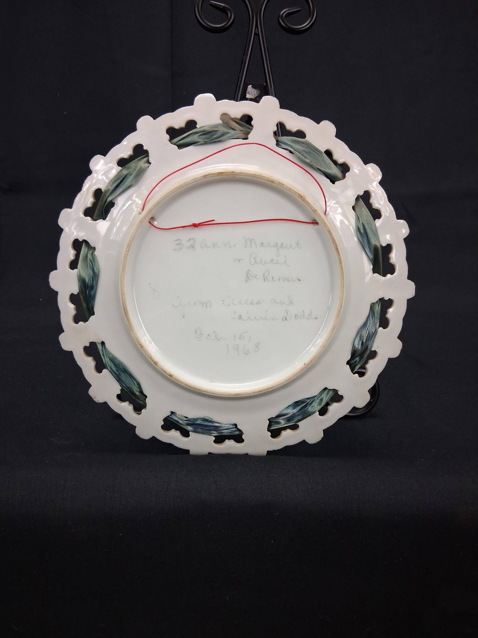 Vintage Reticulated Porcelain “Happy Anniversary” Plate with Silk Ribbon – Inscribed 1968