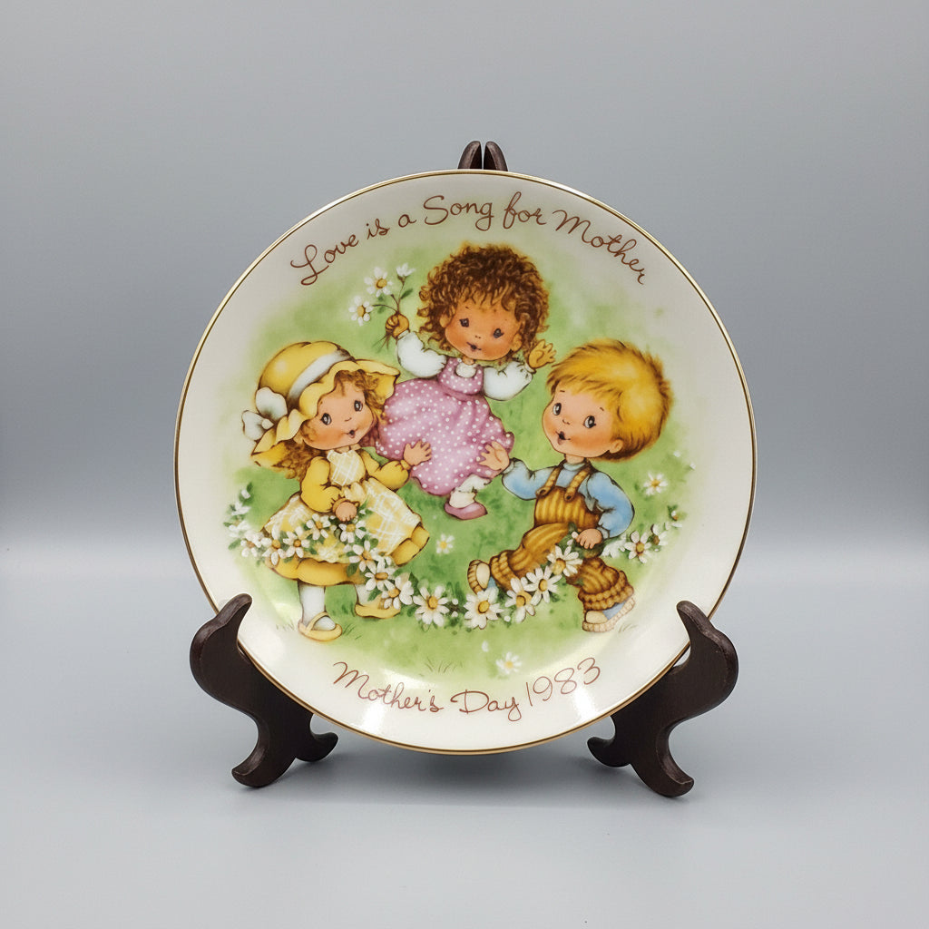 Decorative plate with children illustration and text on a dark background