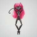 Toy figure with pink hair and a purple sword on a black background