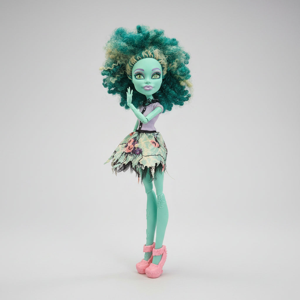 Monster High doll with green hair and outfit on a black background
