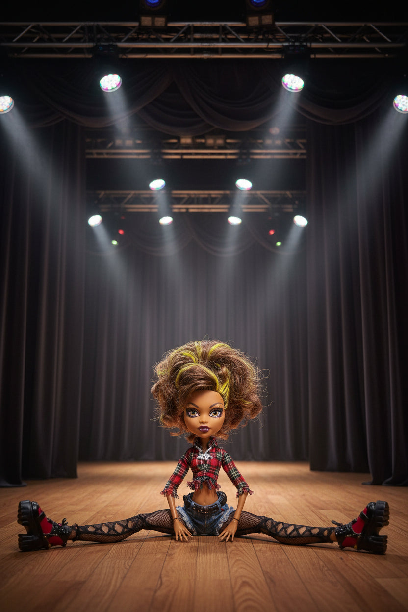 Toy figure of a girl in a split pose on a black background