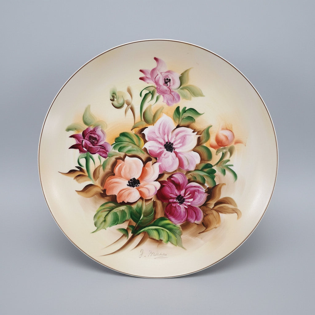 Decorative plate with floral design on a black background