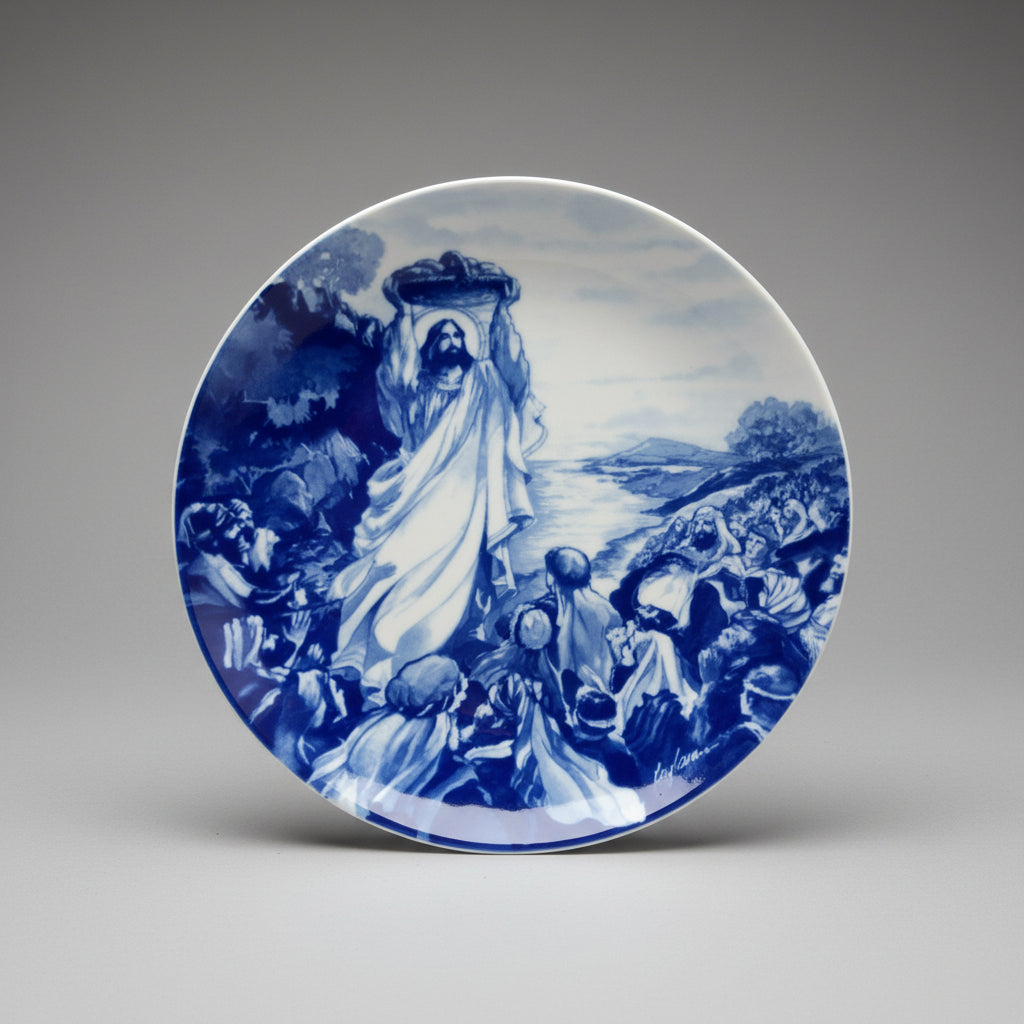 Decorative plate with a blue and white religious scene on a dark background