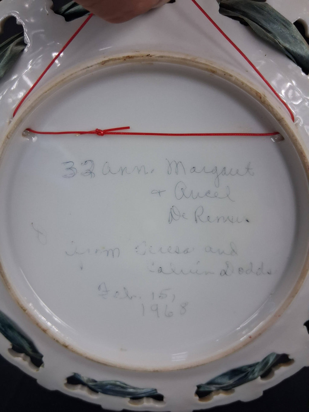 Vintage Reticulated Porcelain “Happy Anniversary” Plate with Silk Ribbon – Inscribed 1968