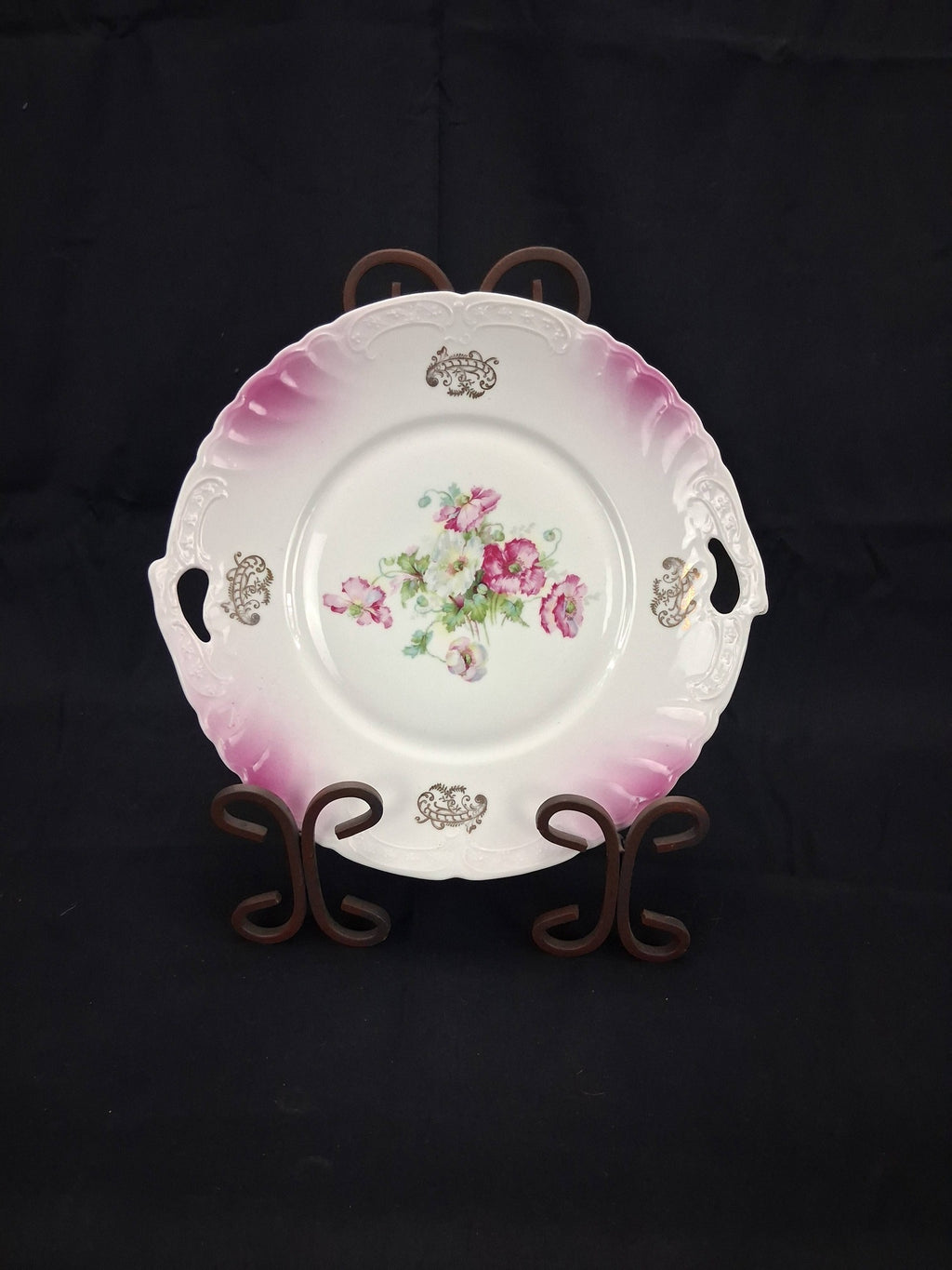 Antique German Porcelain Cake Plate – Pink Poppies (c. 1900–1920s)