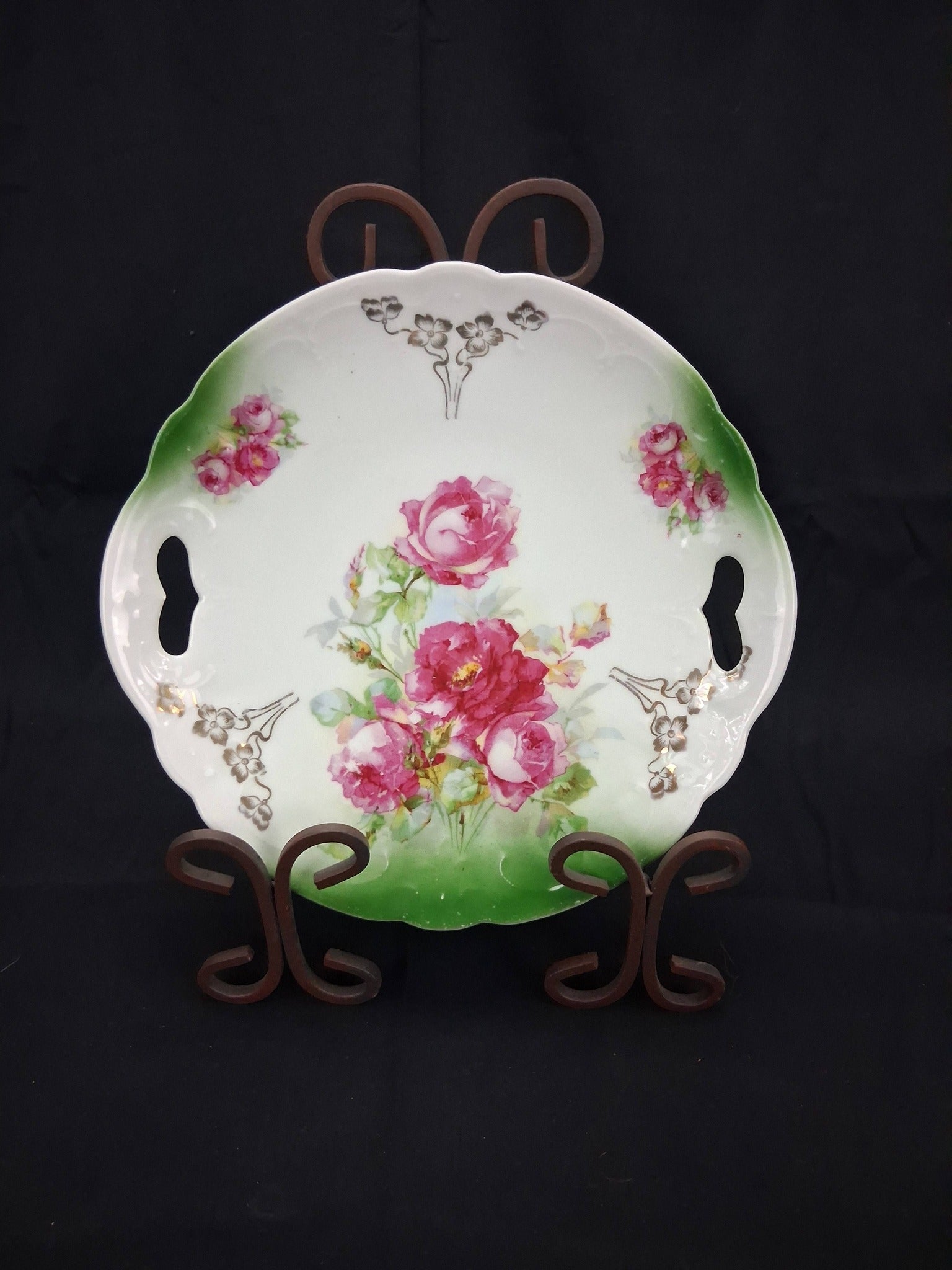 Antique Art Nouveau Rose Cake Plate – Bavaria/Silesia (c. 1900–1920s)