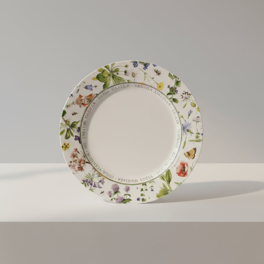 Decorative plate with floral and butterfly design on a black background