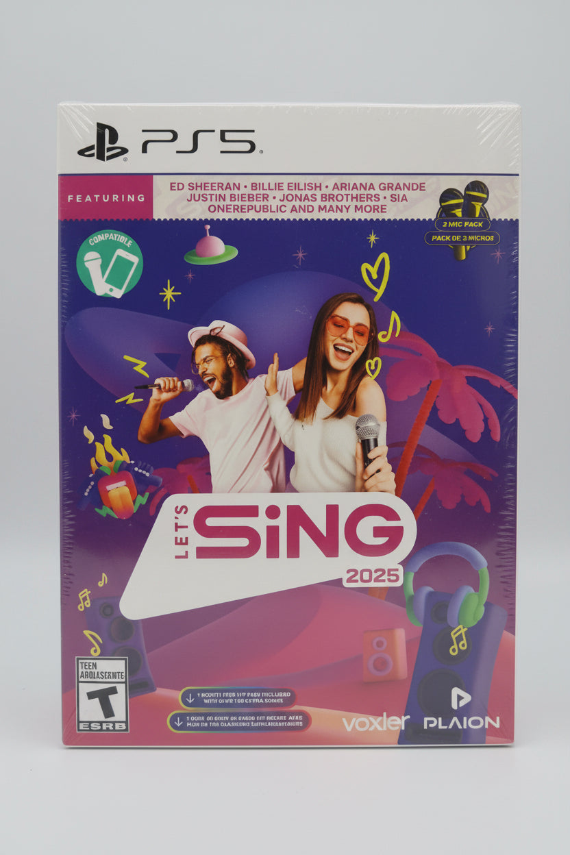 Box of 'Let's Sing 2025' game for PS5 with colorful design and characters on a dark surface.