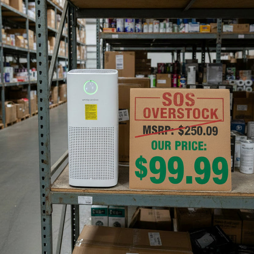 White air purifier with green light indicator on a black background