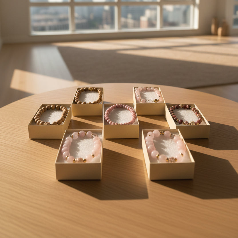 Beaded bracelets in display boxes on a dark surface