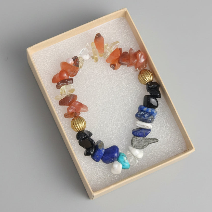 Colorful beaded necklace on a display card with a black background