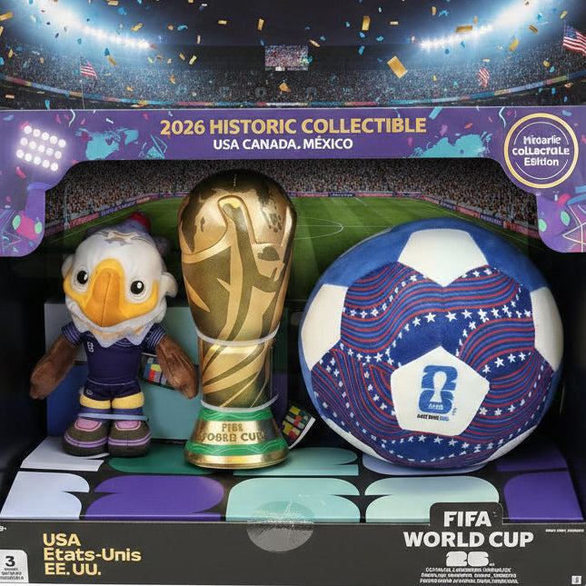 FIFA World Cup-themed toy set with a trophy, ball, and character in packaging.