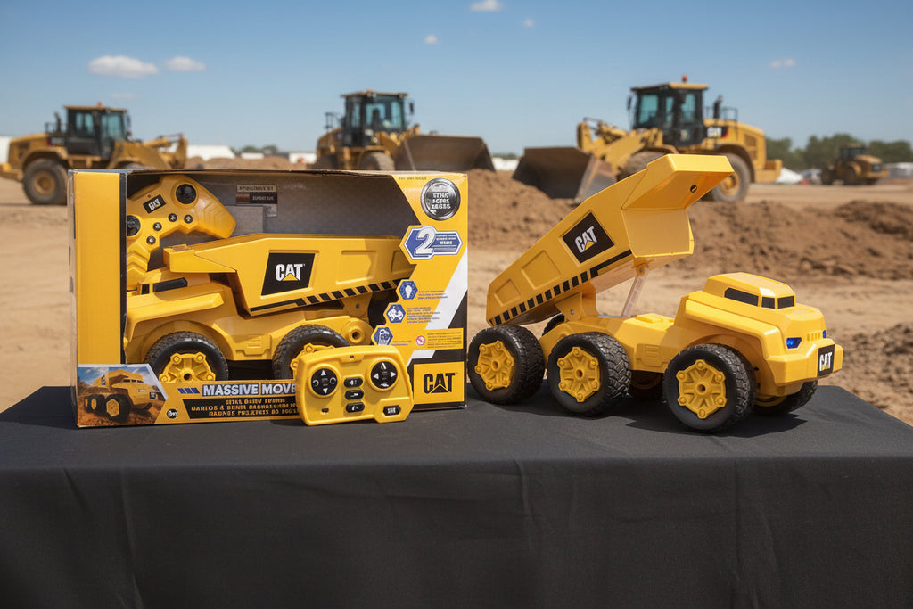 Yellow toy dump truck with remote control next to its packaging on a black background