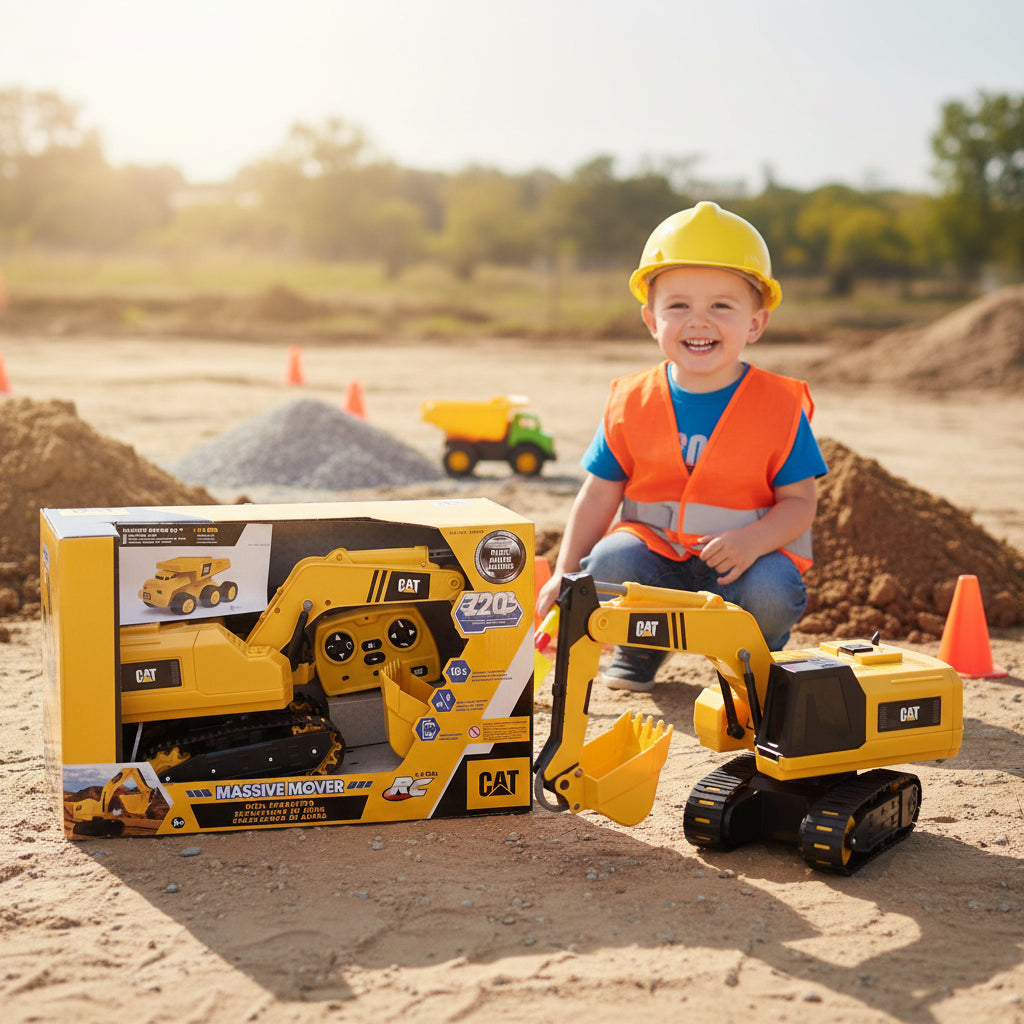 Yellow toy excavator with packaging on a black background