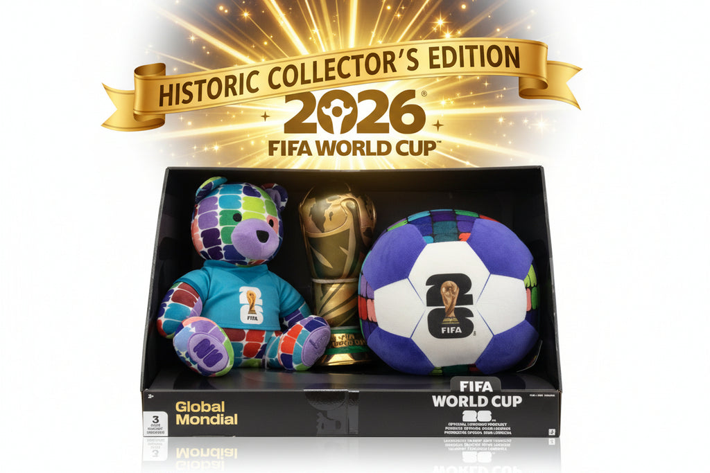 FIFA World Cup plush toy set with teddy bear, trophy, and soccer ball in packaging.